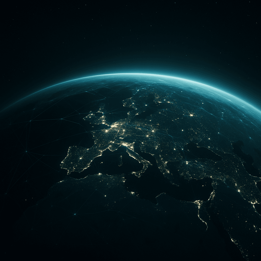 Planet Earth at night with a glowing global network of connections