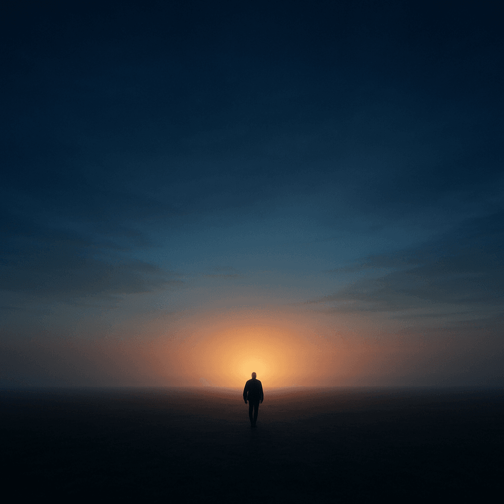 A figure walking toward a distant glowing horizon at dawn