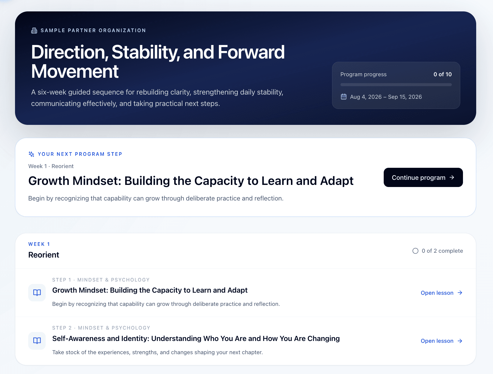 Participant view of a Globalist University organization-sponsored pilot program, showing the program header, progress panel, next program step card, and Week 1 lesson sequence