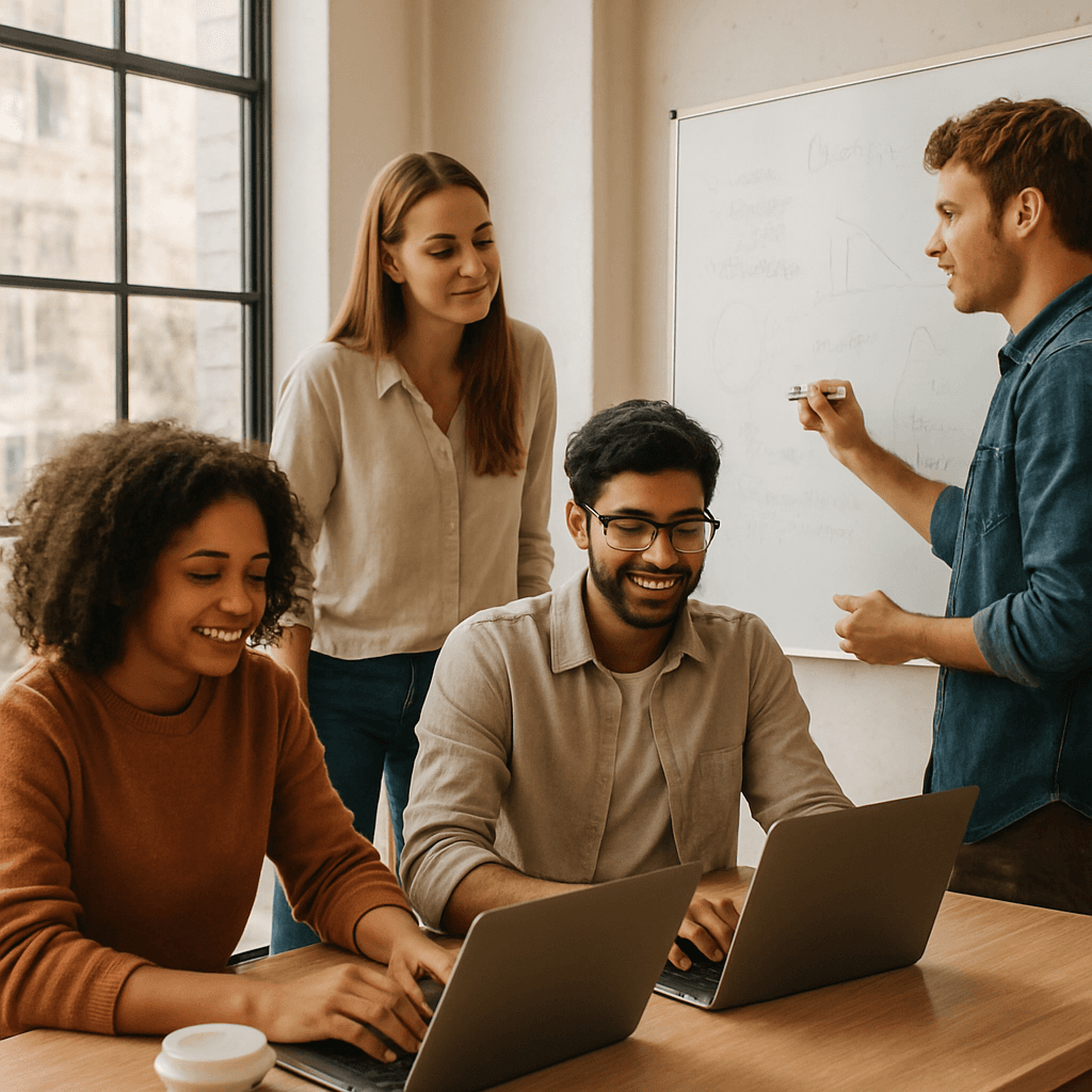 Founders and creators collaborating in a modern coworking space