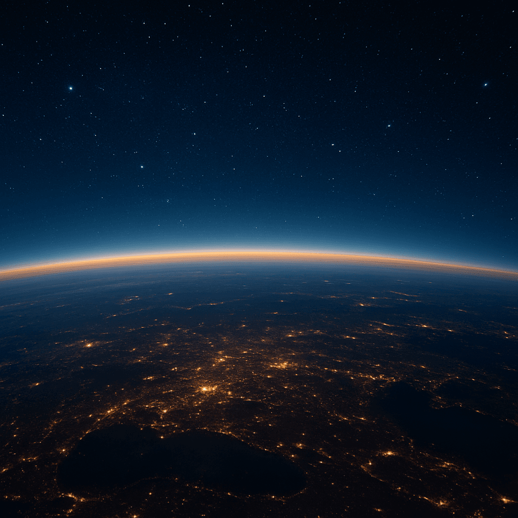 Earth horizon at dusk with city lights