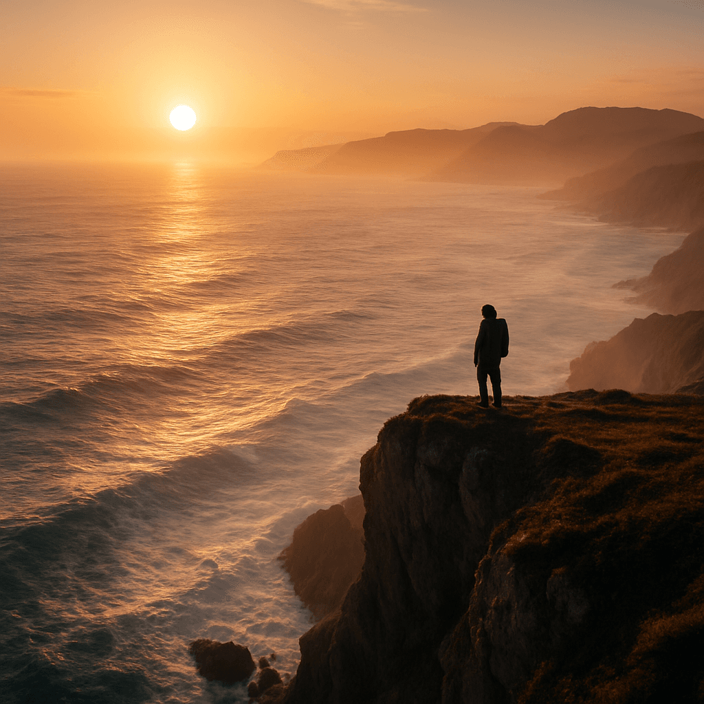 A lone traveler on a dramatic ocean cliff at sunrise