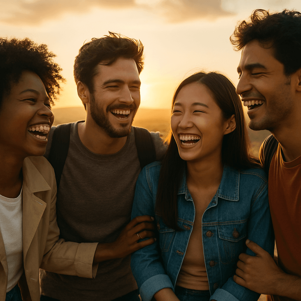 An international group of young people connecting outdoors at sunset