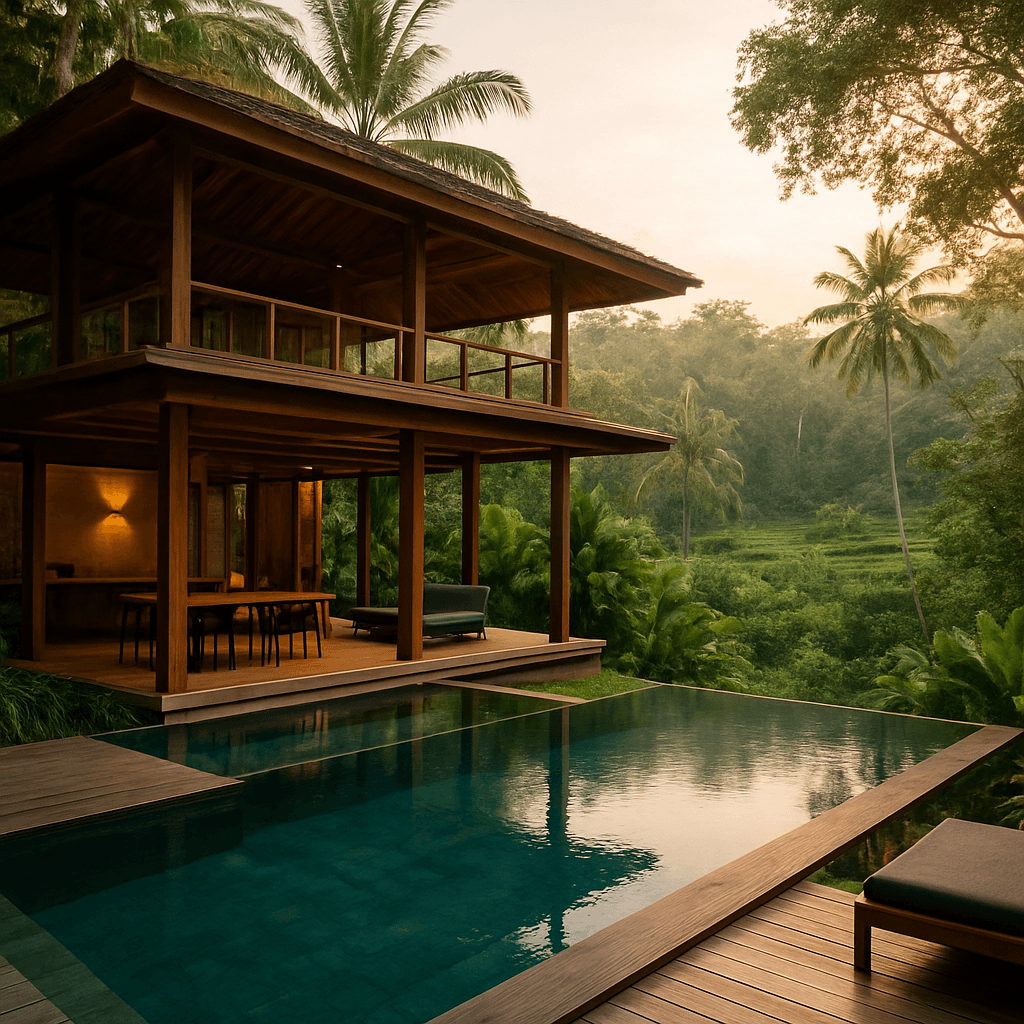 Modern open-air Bali coworking villa surrounded by tropical jungle