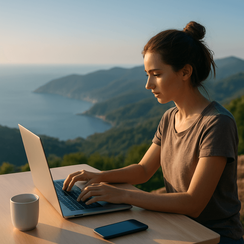 Digital nomad working remotely at a scenic location