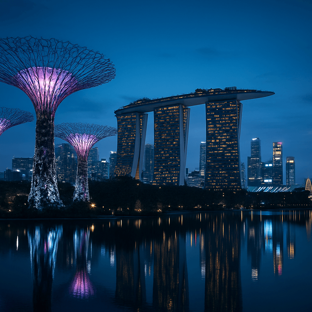 Futuristic Singapore skyline at dusk