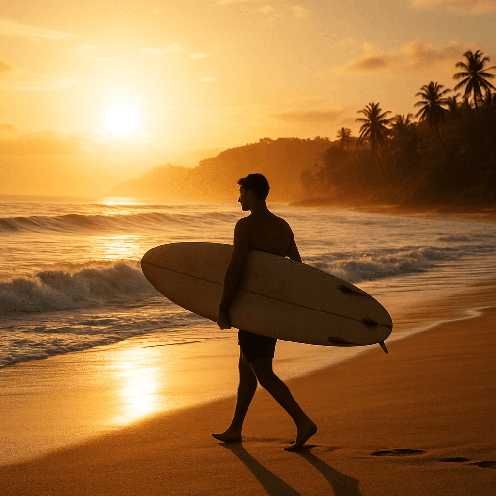 A surfer at sunrise on an Indonesian beach