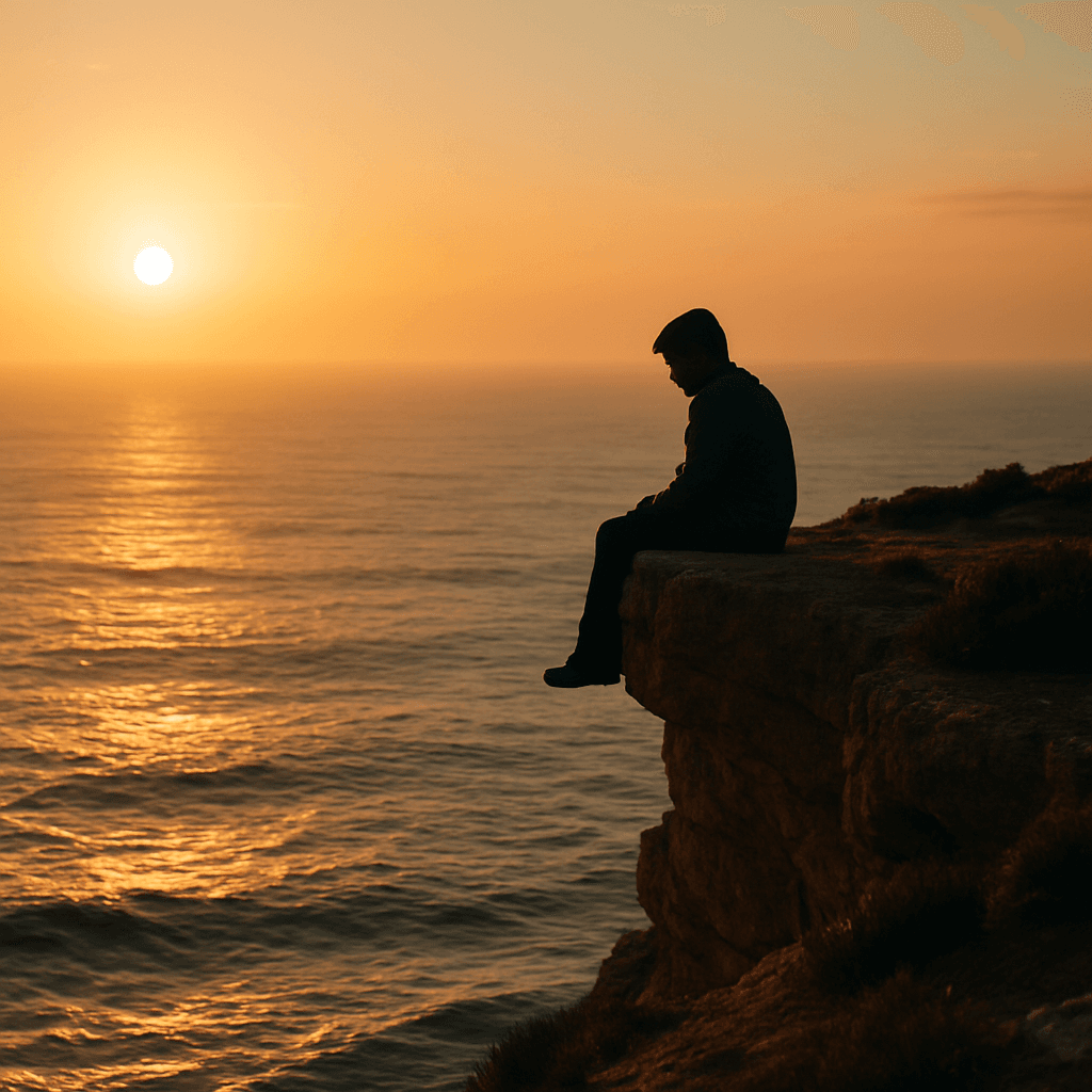 A person sitting on an ocean cliff overlooking the sea at sunrise