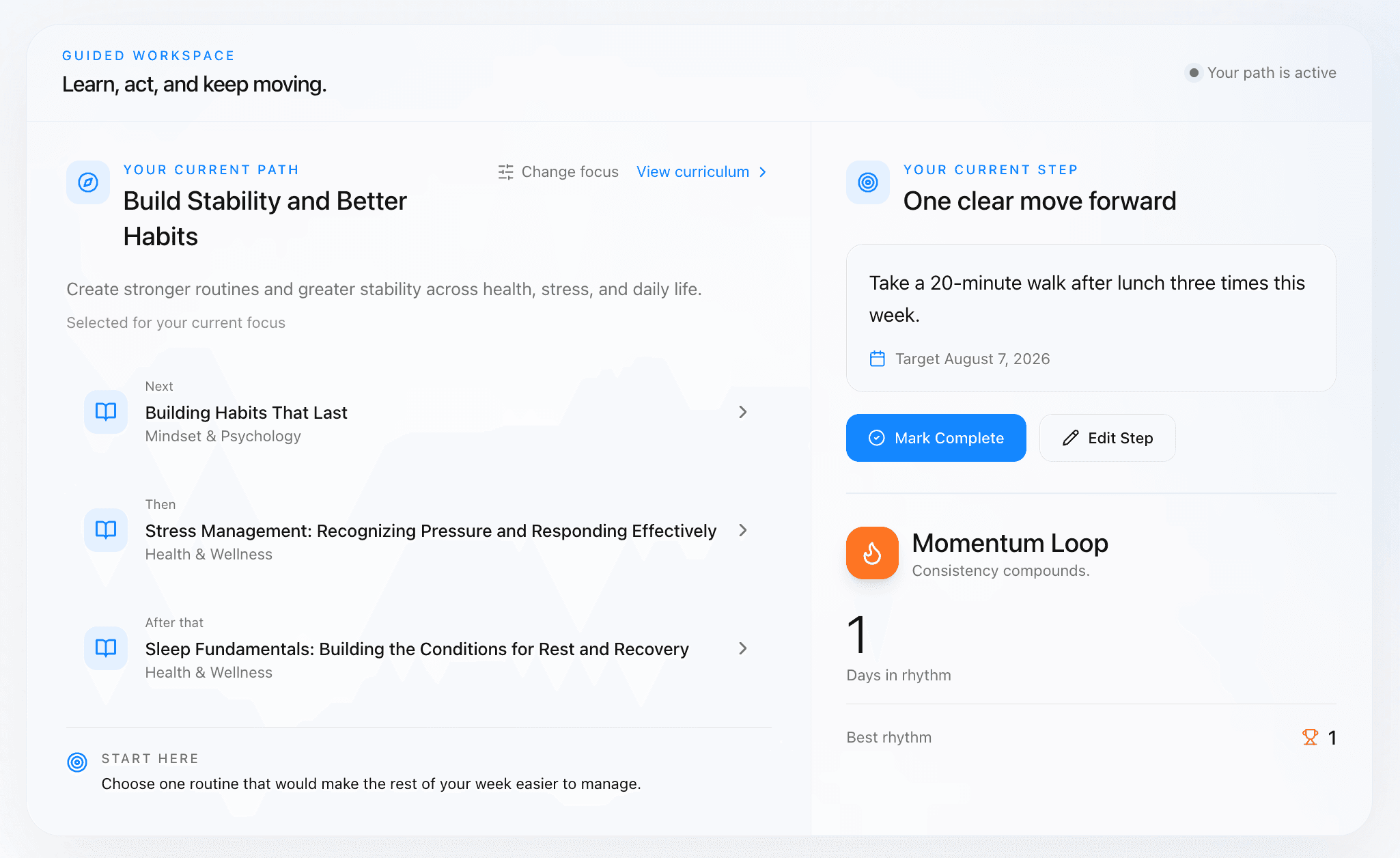 The guided workspace showing the participant's current path, the next lessons in sequence, one clear step to take now, and a momentum streak